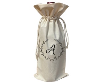 Personalized Initial Cotton Canvas Wine Gift Bag, Cute Single Bottle Wine Bags