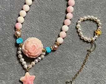 Bracelet & Ring | 2 in 1 | Outstanding | Queen conch Shell | Pearls | Gold | Turquoise