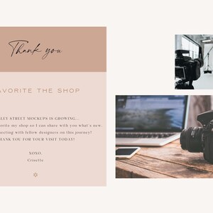 Puede incluir: Dise&ntilde;o de maqueta digital con texto que dice "Thank you" y "Favorite the shop". La imagen incluye una c&aacute;mara, un port&aacute;til y un tel&eacute;fono sobre una superficie de madera, con un fondo de estudio.