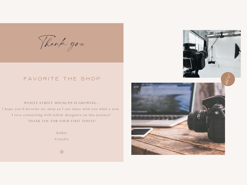 Puede incluir: Dise&ntilde;o de maqueta digital con texto que dice "Thank you" y "Favorite the shop". La imagen incluye una c&aacute;mara, un port&aacute;til y un tel&eacute;fono sobre una superficie de madera, con un fondo de estudio.
