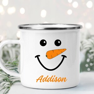 Custom Snowman Mug for Holidays, Personalized Snowman Camping Mug, Hot Chocolate Mug for Kids, Personalized Snowman Face Mug