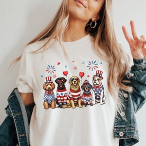 Patriotic Dogs T-shirt, Comfort Colors Tee, 4th of July Canine Shirt, USA Flag Puppy Top, July 4th Clothing with Patriotic Dogs, Funny Dogs