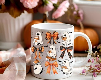 Halloween Mug, Book Lover Ghost Mug, Cute Ghosts with Books Ceramic Mug, Gift for Book Lover, Coffee Mug for Halloween, Books and Ghost Mug