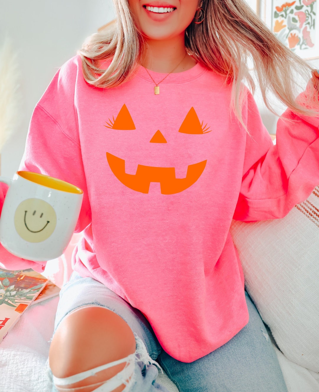 Halloween Pumpkin Face Drop Shoulder Sweater main image 0