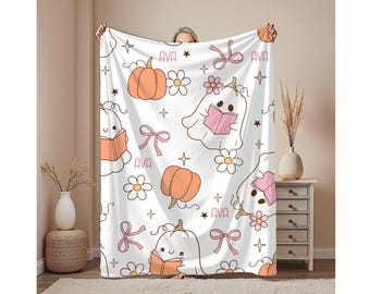 Personalisierte Halloween Decke: Geister mit Bücher, Custom Name Velveteen Plüsch