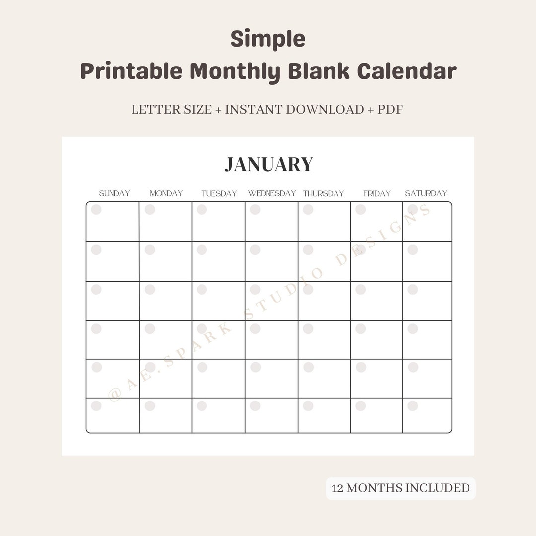 Simple printable monthly blank calendar instant download 11 x 8 5