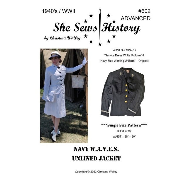 Printable Sewing Pattern – Navy WAVES Unlined Jacket - World War II Era (1940’s) #602 ADVANCED