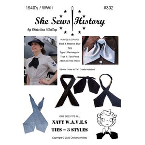 May include: A digital download pattern for three styles of navy blue ties, inspired by the Women Accepted for Volunteer Emergency Service (WAVES) during World War II. The pattern includes instructions for a rectangular tie, a two-piece tie, and an alternate one-piece tie. The pattern also includes a guide on how to tie the ties.