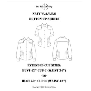 May include: Line drawing pattern for a button-up shirt with long and short sleeves. The pattern includes measurements for bust sizes 42 inches and 50 inches, with corresponding waist sizes of 34 inches and 42 inches. The text "NAVY W.A.V.E.S BUTTON-UP SHIRTS" is at the top of the image.