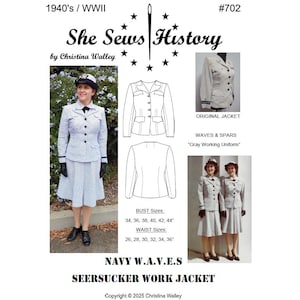 Könnte beinhalten: Ein Schnittmuster für eine Damen-Seersucker-Arbeitsjacke, inspiriert von den 1940er Jahren. Das Schnittmuster enthält Anleitungen für eine Jacke mit klassischem Kragen, Knopfleiste und zwei Taschen. Das Schnittmuster ist in den Größen 34 bis 44 Zoll Brustumfang und 26 bis 36 Zoll Taillenumfang erhältlich. Das Schnittmuster trägt den Titel "Navy W.A.V.E.S Seersucker Work Jacket" und stammt von Christina Walley.