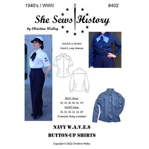 Printable Sewing Pattern – Navy WAVES & SPARS Button-Up Shirt – Short and Long Sleeve - World War II Era (1940’s) #402