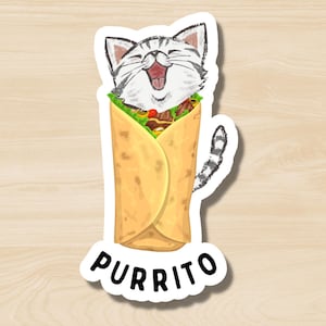 May include: A white and gray cat with a happy expression is wrapped in a yellow tortilla with green lettuce and other fillings. The text "purrito" is written below the cat.