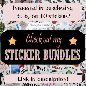 May include: A black and pink graphic with the text "Interested in purchasing 3, 6, or 10 stickers? Check out my sticker bundles. Link in description!" with two yellow stars on either side of the text. The background is a collage of colorful stickers.