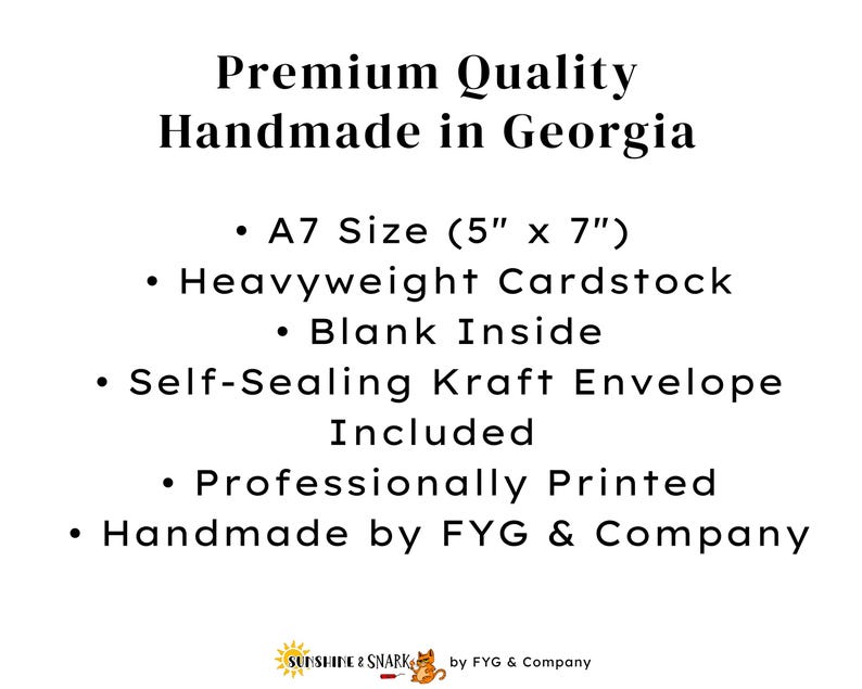 Pu&ograve; includere: Una scheda informativa bianca con testo nero che riporta Premium Quality Handmade in Georgia, formato A7 12,7 cm x 17,8 cm, cartoncino pesante, interno vuoto, busta in carta kraft autoadesiva inclusa, stampato professionalmente da FYG & Company.