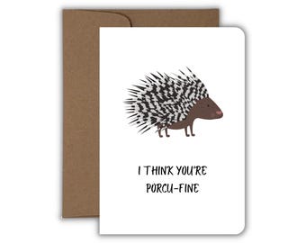 I Think You're Porcu-Fine, Funny Porcupine Greeting Card, Love & Friendship Card, Pun Greeting Card