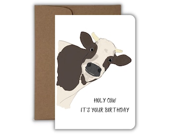Holy Cow It's Your Birthday, Funny Cow Birthday Card, Cute Cattle B'day Card, Cute Animal Card, Handmade
