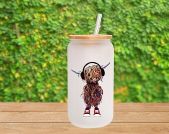 DJ Highland Cow Beer Can Glass, Iced Coffee Glass, Glass Coffee Cup, Eco-Friendly Gift