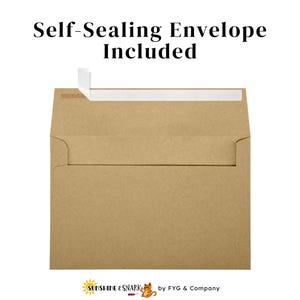 May include: A brown kraft paper envelope with a self-sealing adhesive strip on the flap. The text "Self-Sealing Envelope Included" appears above the envelope, and the logo "Sunshine & Snark by FYG & Company" is positioned below it.