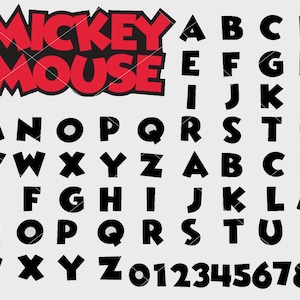 Può includere: Alfabeto in nero e rosso con il font Mickey Mouse, che include lettere maiuscole, minuscole e i numeri da 0 a 9.