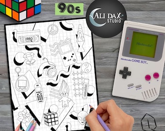 Totally 90s printable coloring page for adults & kids, hand drawn, instant download pdf, black/white and grayscale, digital art