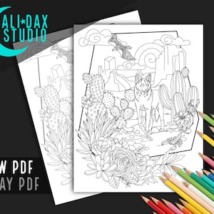 Desert Scenery - printable coloring page for adults & kids, hand drawn, instant download pdf, black/white and grayscale, digital art