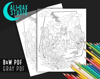 Desert Scenery - printable coloring page for adults & kids, hand drawn, instant download pdf, black/white and grayscale, digital art