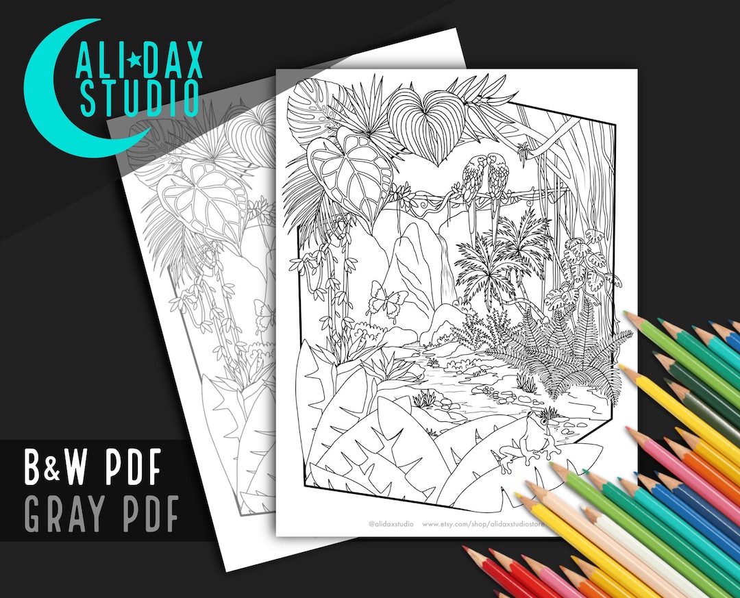 Rainforest Scenery - Printable Coloring Page for Adults & Kids, Hand ...