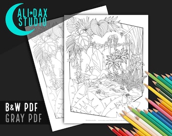 Rainforest Scenery - printable coloring page for adults & kids, hand drawn, instant download pdf, black/white and grayscale, digital art