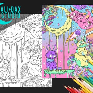 May include: A digital coloring page featuring a psychedelic scene with dripping yellow crescent moons, colorful planets, and cats with alien antennas. The cats are in various poses, including sitting, standing, and floating. The background is a gradient of pink, purple, and blue.