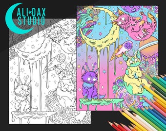 Space Kitties printable coloring page for adults & kids, hand drawn, instant download pdf, black/white and grayscale, digital art