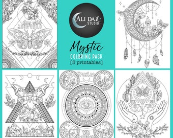 Mystic (5-pack) Utskrivbara moderna målarbilder - häxiga vibbar, kristaller, svampar, tribal, växter