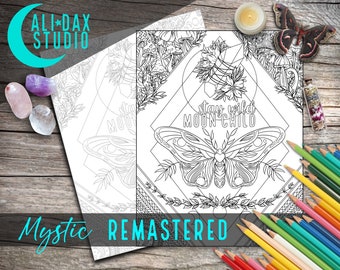 Mystic (Design 1/5) printable coloring page for adults & kids, hand drawn, instant download pdf, black/white and grayscale, digital art