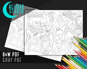Valentine’s Day printable coloring page for adults & kids, hand drawn, instant download pdf, black/white and grayscale, digital art