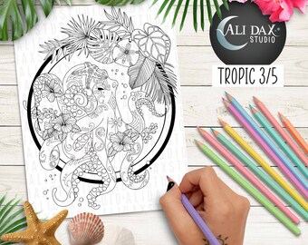 Tropical (Design 3/5) printable coloring page for adults & kids, hand drawn, instant download pdf, black/white and grayscale, digital art