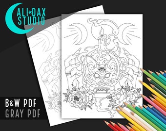 Third Eye Sphynx printable coloring page for adults, crystal ball, hand drawn, instant download pdf, black/white and grayscale, digital art