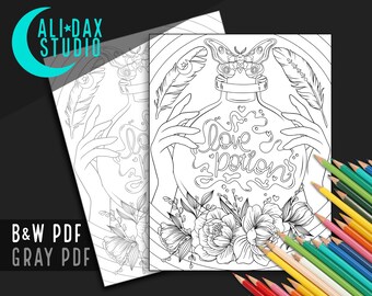Love Potion printable coloring page for adults & kids, hand drawn, instant download pdf, black/white and grayscale, digital art