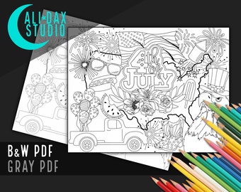Independence Day/4th of July printable coloring page for adults & kids, hand drawn, instant download pdf, black/white and grayscale