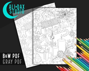 Christmas printable coloring page for adults & kids, hand drawn, instant download pdf, black/white and grayscale, digital art