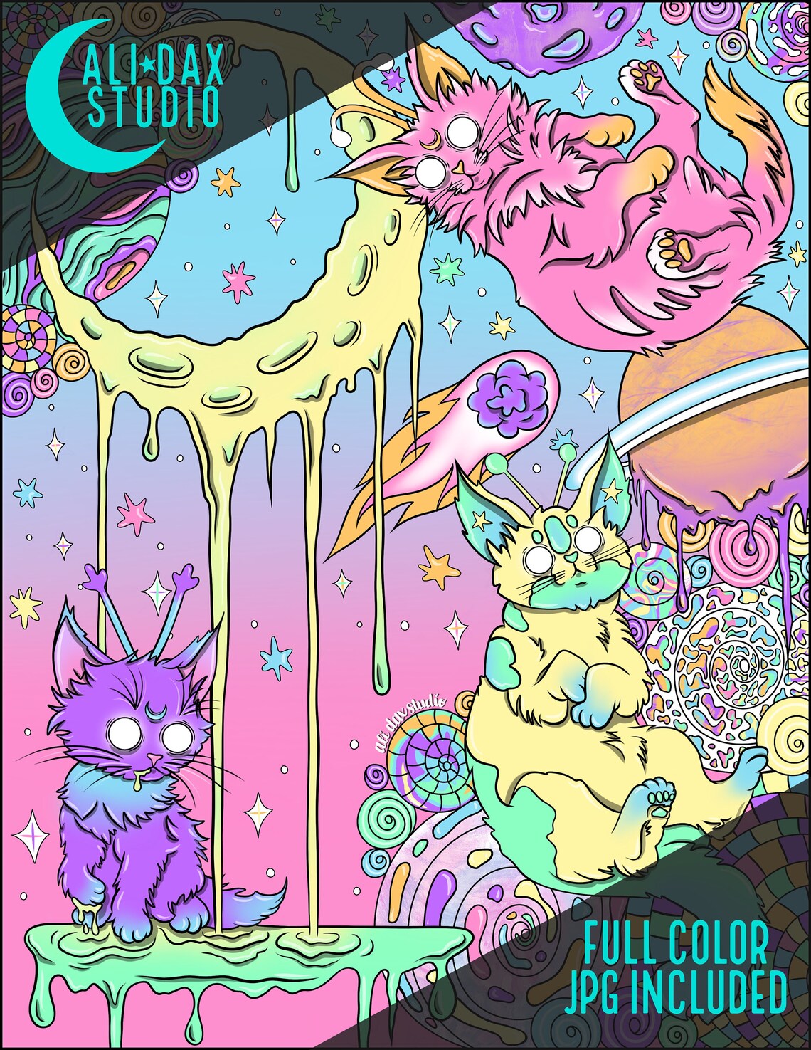 Space Kitties Printable Coloring Page for Adults &amp; Kids, Hand Drawn ...