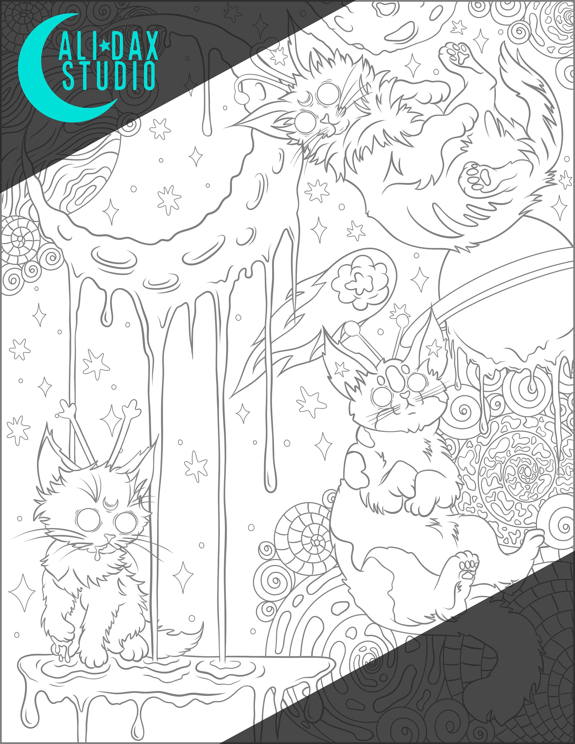 Space Kitties Printable Coloring Page for Adults &amp; Kids, Hand Drawn ...