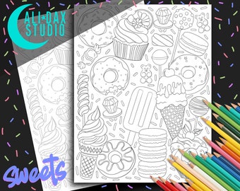 Sweets and Treats printable coloring page for adults & kids, hand drawn, black/white and grayscale, digital art