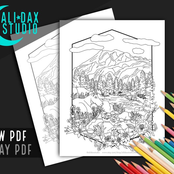 Mountain View - printable coloring page for adults & kids, hand drawn, instant download pdf, black/white and grayscale, digital art