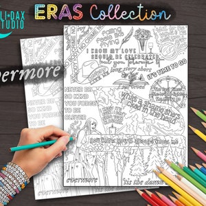 May include: Black and white coloring page featuring lyrics from the album "evermore" by Taylor Swift. The lyrics include "No Body No Crime", "Falling Feels Like Flying", "I Know My Love Should Be Celebrated", "It's Time To Go", "What A Shame She's Clocked In The Head", and "You Know You'll Always Know Me".