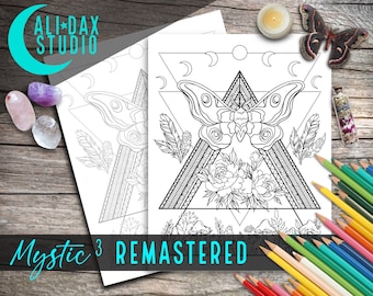 Mystic (Design 3/5) printable coloring page for adults & kids, hand drawn, instant download pdf, black/white and grayscale, digital art