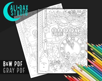 New Year’s printable coloring page for adults & kids, hand drawn, instant download pdf, black/white and grayscale, digital art