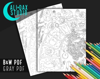 Tarot utskrivbar målarbild för vuxna och barn, handritad, direktnedladdning i PDF-format, svartvitt och gråskala, digital konst
