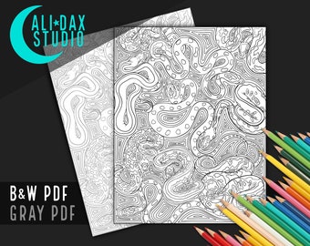 Snakes printable coloring page for adults & kids, hand drawn, instant download pdf, black/white and grayscale, digital art