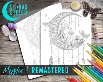Mystic (Design 2/5) printable coloring page for adults & kids, hand drawn, instant download pdf, black/white and grayscale, digital art