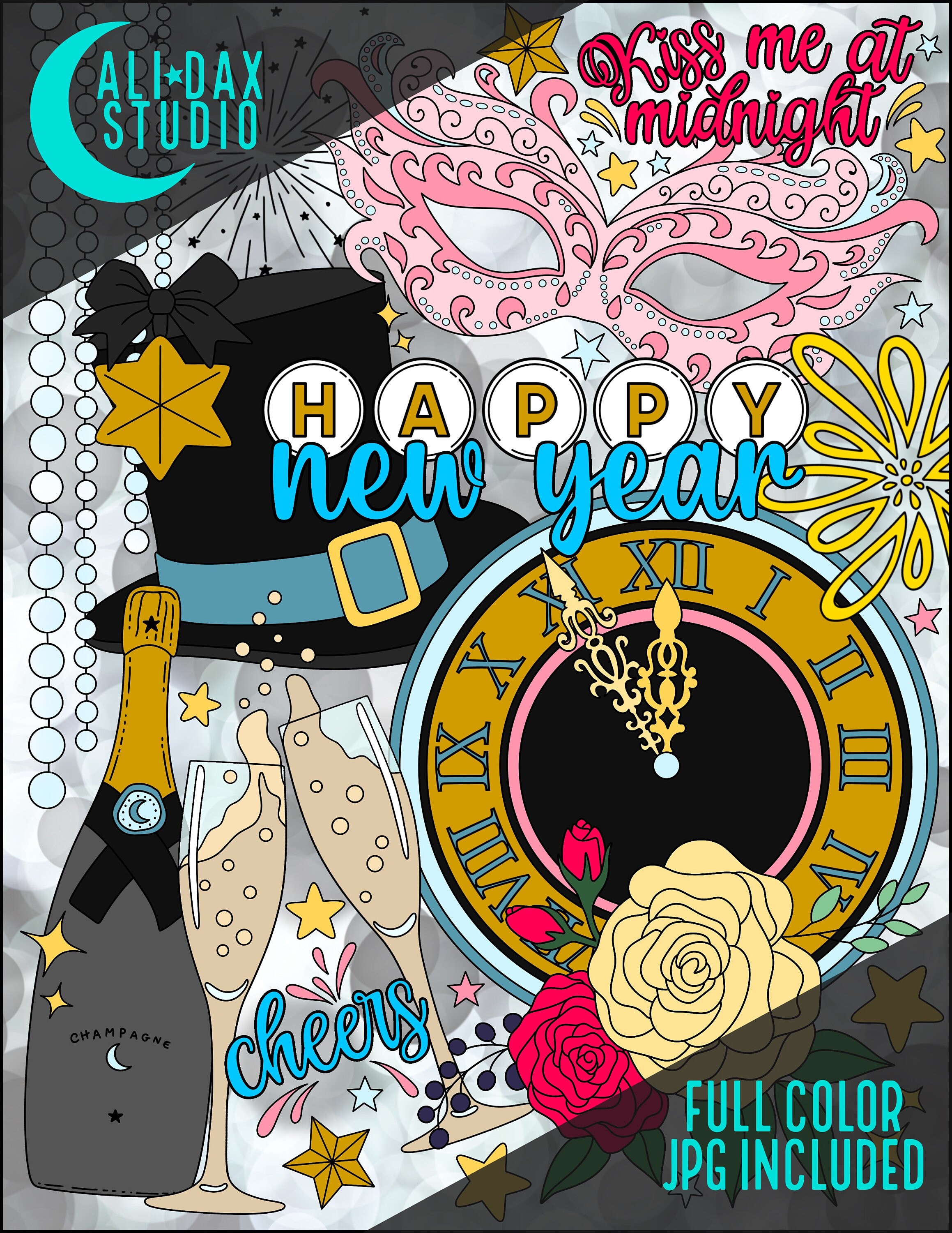 New Years Printable Coloring Page for Adults & Kids, Hand Drawn