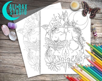 Skull Death Moth printable coloring page for adults & kids, hand drawn, instant download pdf, black/white and grayscale, digital art